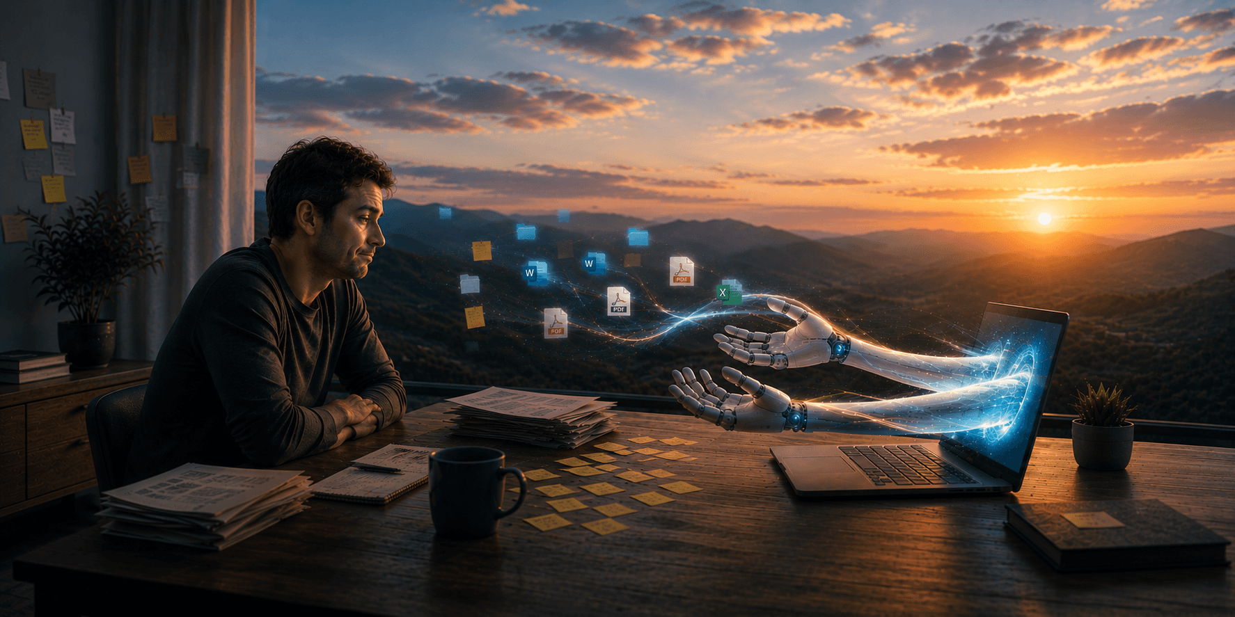 A man slumped over a desk buried in sticky notes and papers, while a robotic hand reaches out of a laptop, offering to take the file work off their hands.