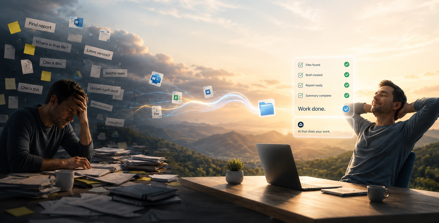 One person drowning in scattered notes and files, another finished and relaxed with Infoorm's checklist: files found, brief created, report ready, summary complete, work done.